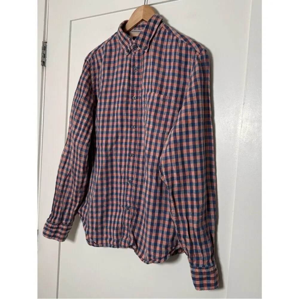 Banana Republic Camden Fit Shirt Men Sz M Blue Pink Check 100% Linen Long Sleeve